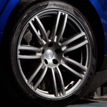 Close up of a Maserati alloy Wheel and Perelli Tyres