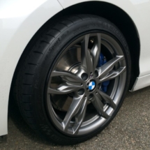 Close Up Of BMW Alloy Wheel With Black AlloyGator Wheel Protection And Blue Break Callipers