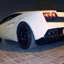 Close Up Of The Rear Of A White Lamborghini With Black Alloy Wheels And Red AlloyGator Alloy Wheel Protectors
