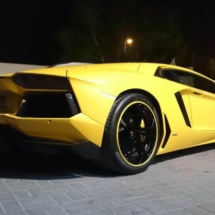 Rear View Of A Yellow Lamborghini With Black Alloy Wheels And Yellow AlloyGator Alloy Wheel Protectors