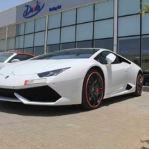 Front Of A White Lamborghini With Black Alloy Wheels And Red AlloyGator Alloy Wheel Protectors